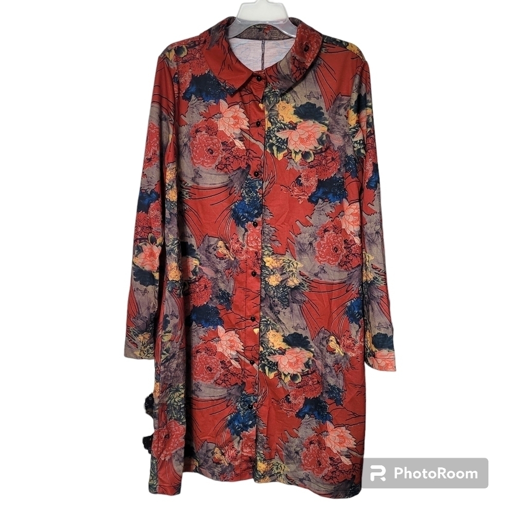 Emory Rose Orange Floral Button Down Long Sleeve Shirt Dress With‎ Pockets Large
